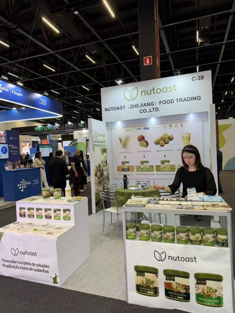 The Nutoast booth at Fi South America 2026, presenting pistachio applications for gelato, bakery and desserts.