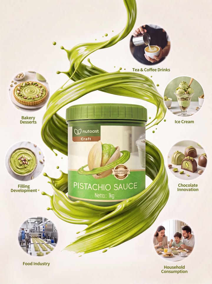 Nutoast Craft Pistachio Sauce — application directions across bakery desserts, tea and coffee drinks, ice cream, chocolate, fillings and food industry